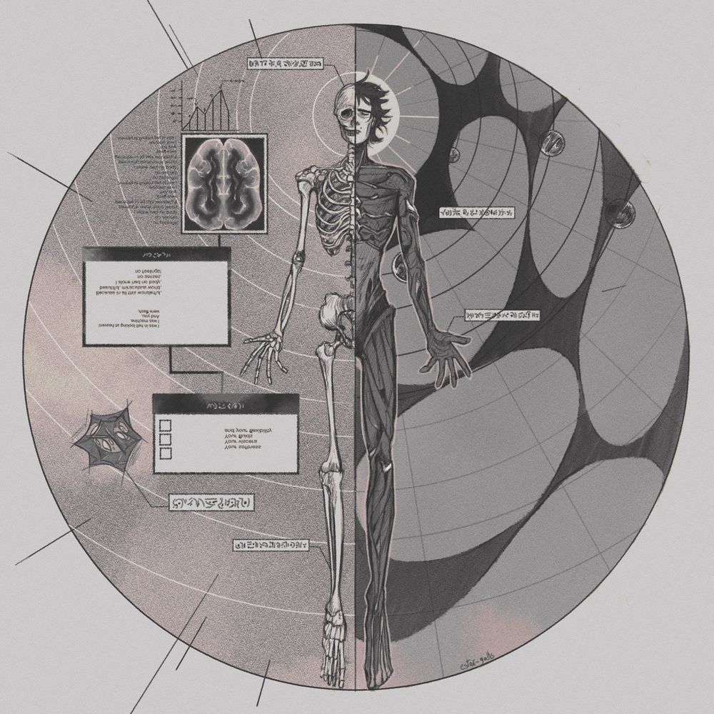 At the center of the drawing, inside a circle, there’s viktor from arcane, split in two. On the left there’s only his skeleton, surrounded by small computer windows, one with a brain scan. There’s also a little sketch of the corrupted hexcore. On the right there’s viktor in his metal form, a halo on his head and behind the solar system.