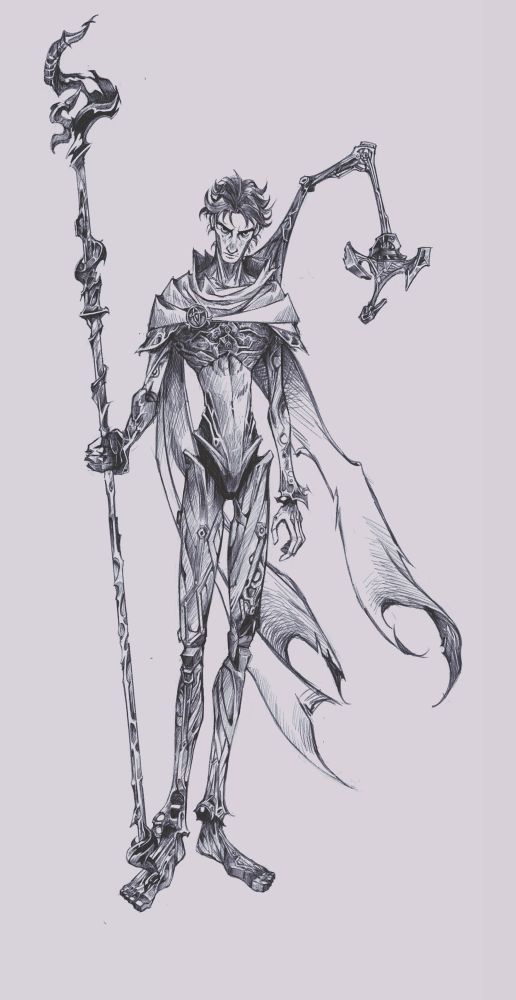 pencil sketch of Viktor from Arcane. He has his human face and the metal body of machine herald.