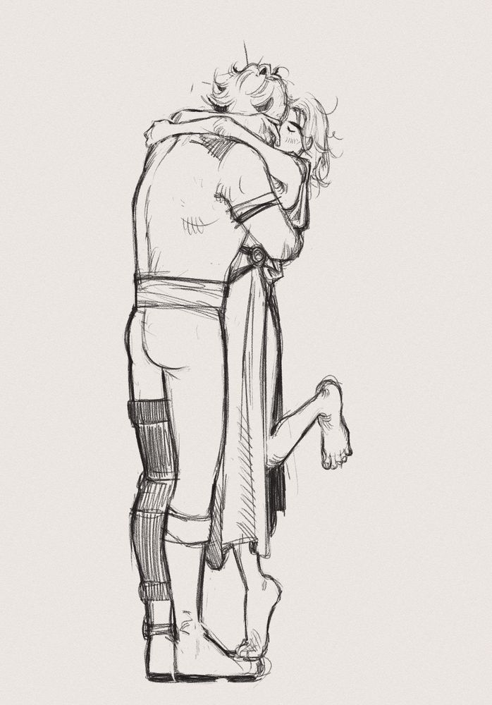 sketchy drawing of Jayce, seen from behing, giving a kiss to Viktor, cult leader version 