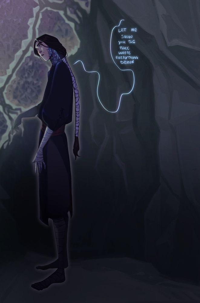 viktor with a long braid stands in a cavern, he’s wearing a dark blue tunic and his arms and legs are covered in bandages. The cavern enter is covered in giant amethysts. He says ‘let me show you the place where everything begun’.
