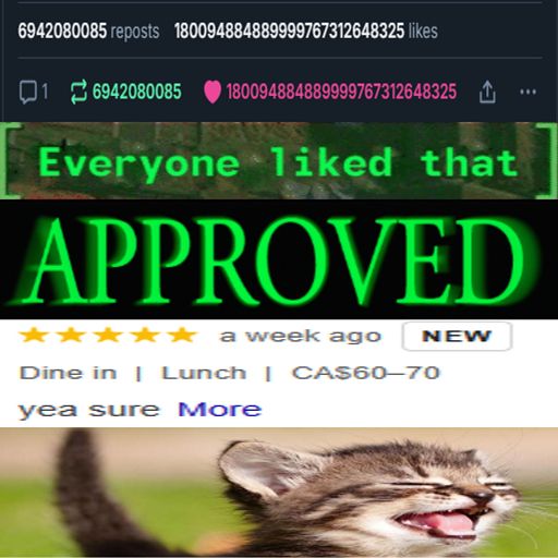 a mish-mash of 
- a bluesky post with an unrealistically high amount of reposts and likes, and a single comment
- text saying "[Everyone liked that]
- dark souls style boss text saying "APPROVED"
- edited 5 star google review reading "yea sure"
- an image of a happy kitten
