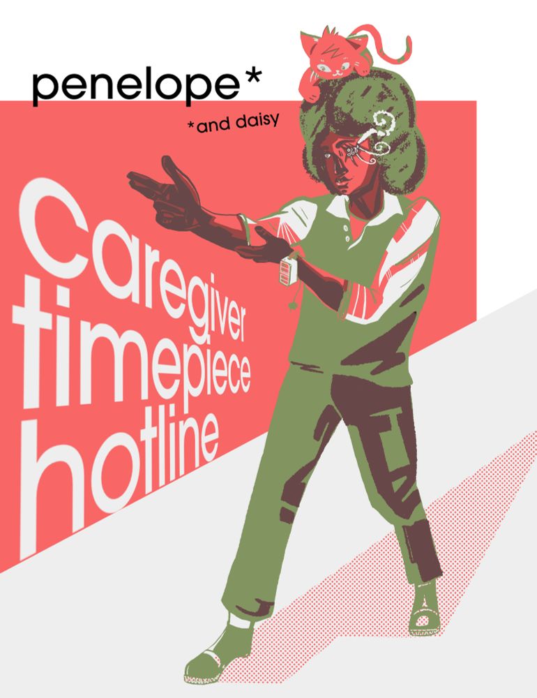 Stylized illustration showing a person with green hair and large glasses pointing forward, with a small orange cat on their head. Background text reads "Caregiver Timepiece Hotline." The colors are bold with a retro vibe.