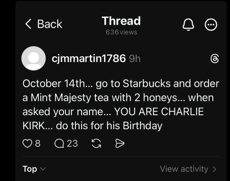 Another RWNJ telling everyone to do the Charlie Kirk name thing at Starbucks

