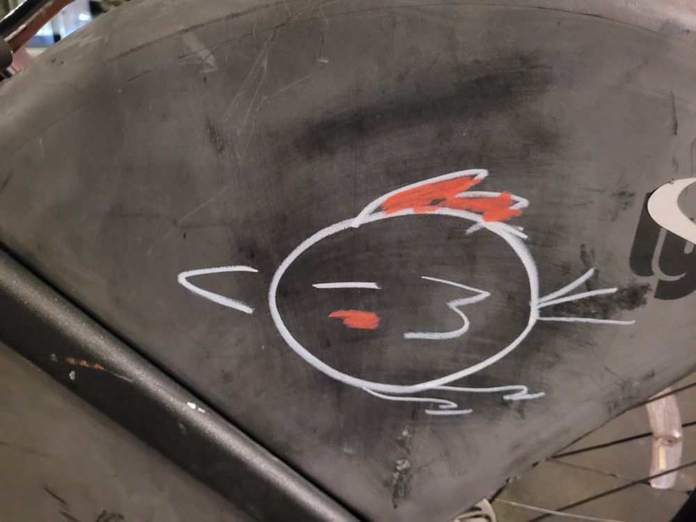 A doodle of a rotund chicken on a bikeshare bikes fender