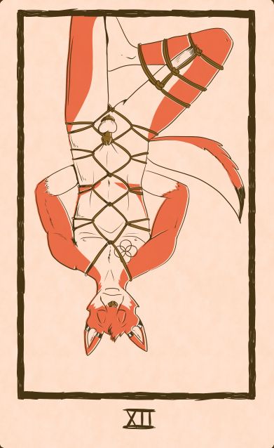 Tarot card of the hanged man. Red wolf suspended upside down in a rope harness and wearing a chastity belt.