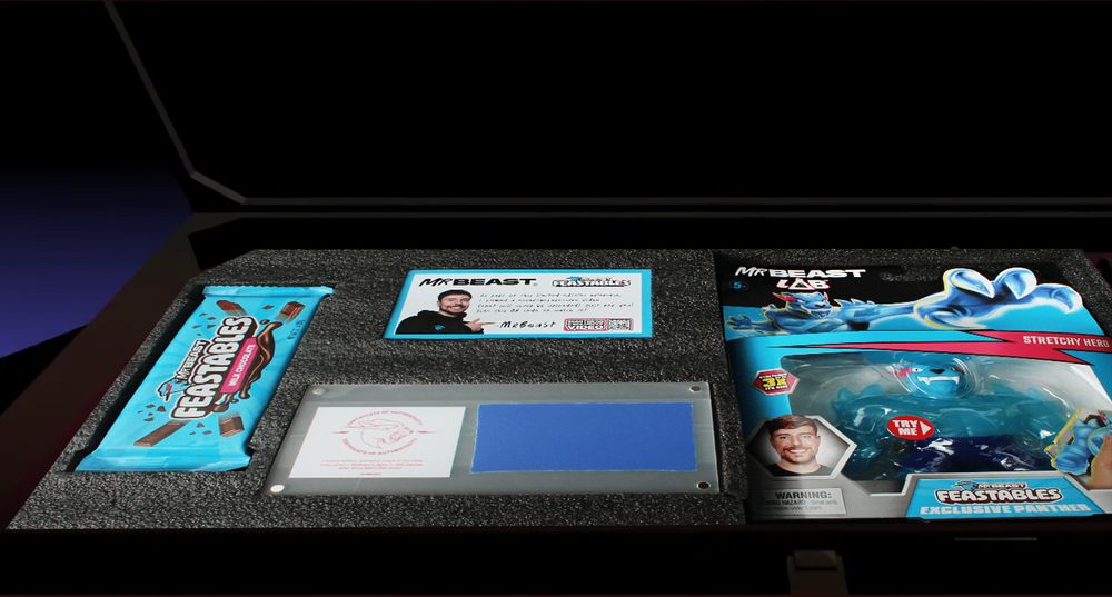 his briefcase containing several mrbeast feastables products