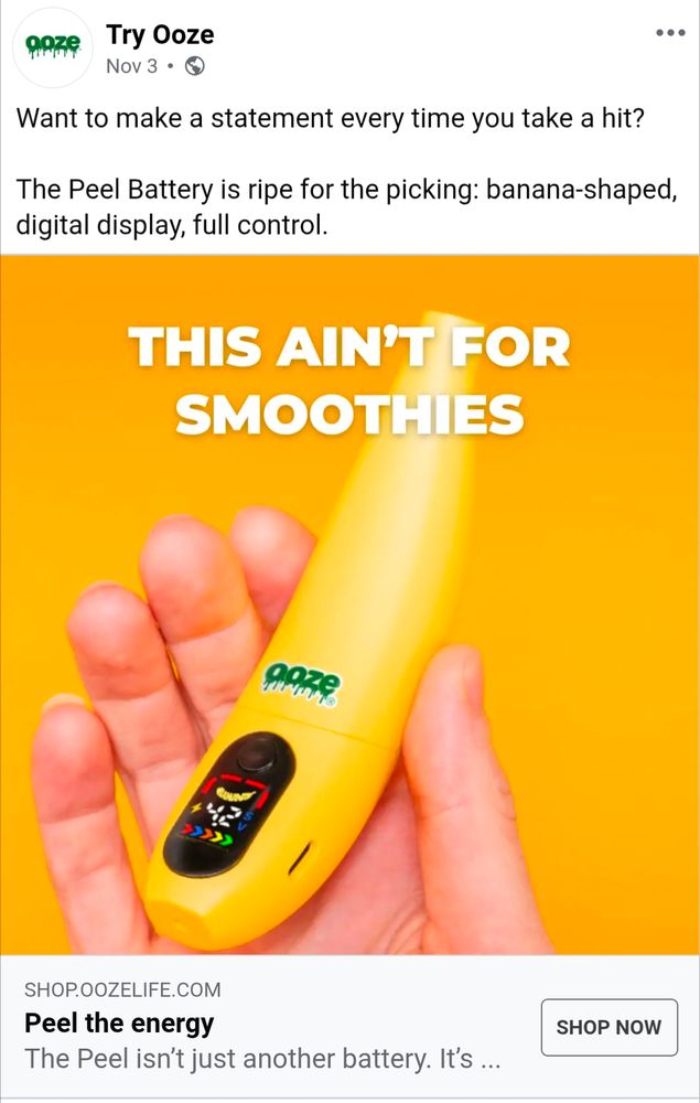 an ad for a banana shaped vape pen from ooze