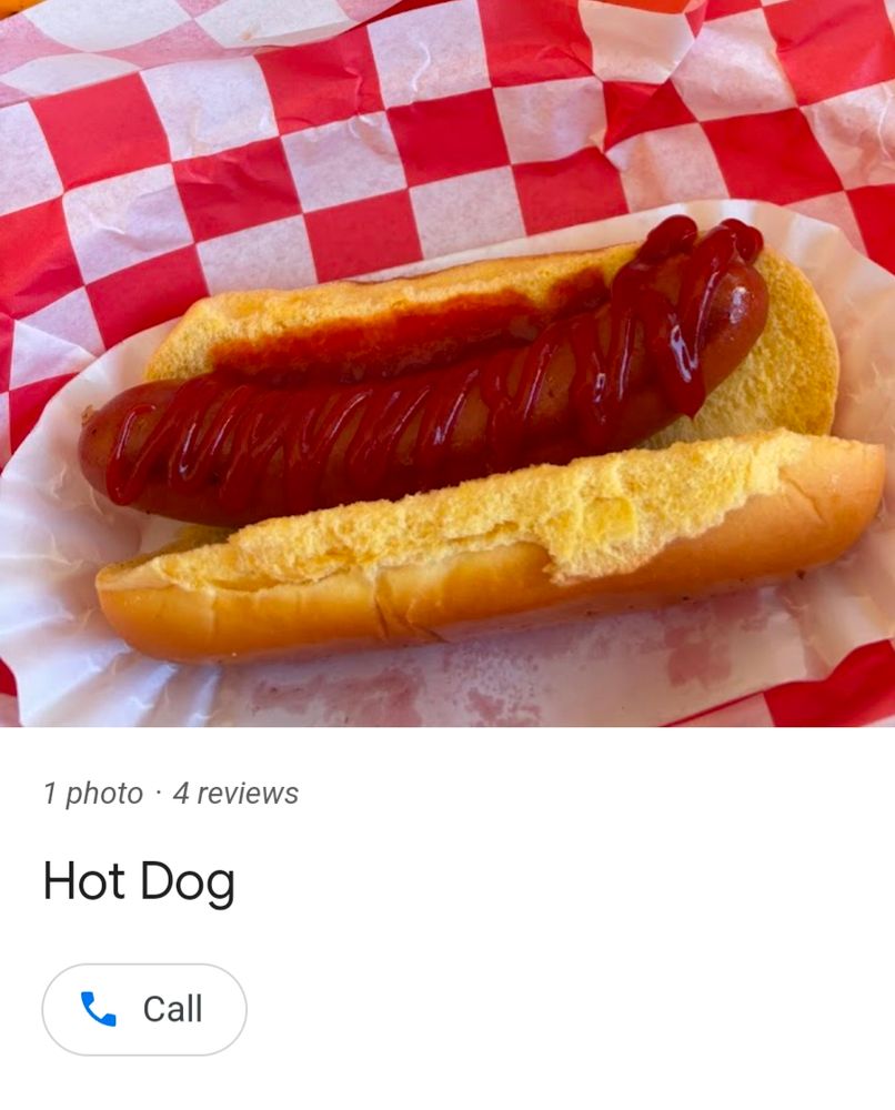 a picture of a hot dog, which google has mysteriously placed a "call" button below