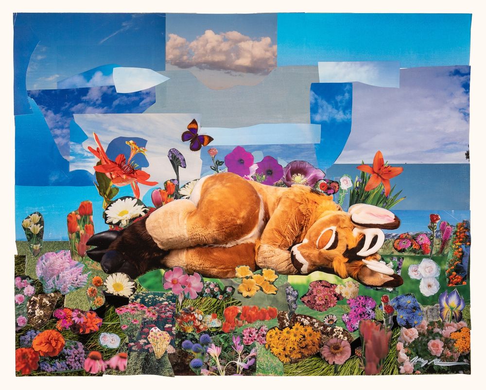 Atmus in the Flowers — Tommy Bruce. a fursuit photo of atmus, a deer, laying down in a photo collaged field of flowers