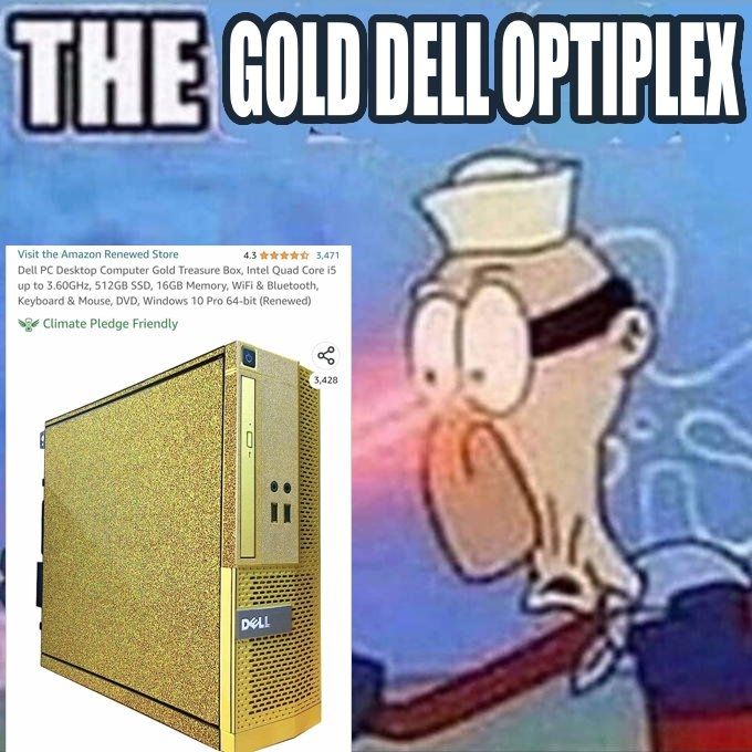 barnacle boy shooting eye lasers at an Amazon listing for a dell optiplex in a custom gold case