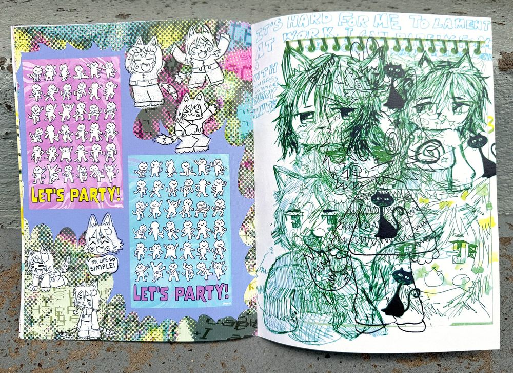 Mimzy’s Whimzies (excerpt) — mimisdreamies. a noisily sketch covered zine filled with doodles of various cats and catsonas in y2k adjacent wear, with posters reading "LET'S PARTY!"