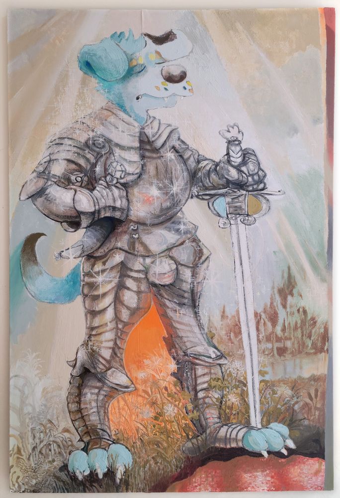 Self Portrait (Emotional Support Dog) — Mark Zubrovich. a blue dog stands heroically in a suit of armor, bathed in rays of light