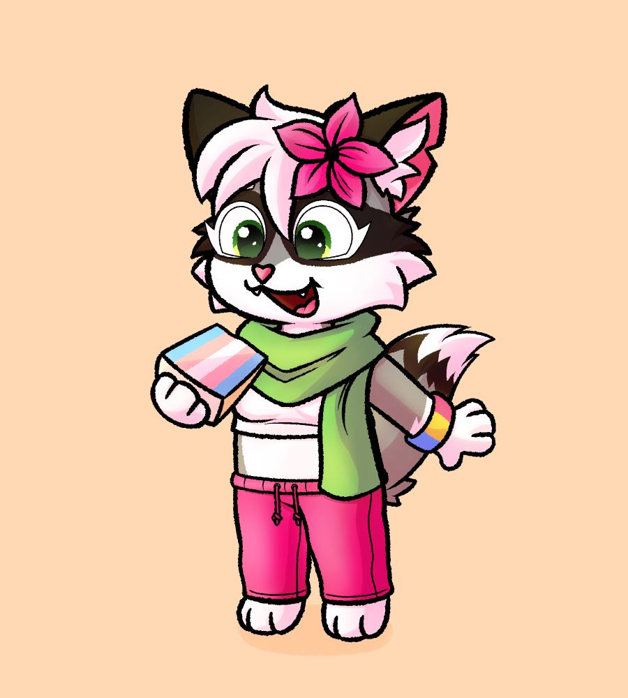 Snickers the fox holding a slice of trans pride cake and wearing a pan pride wrist band