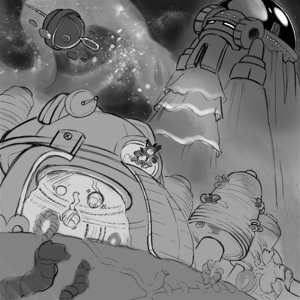 Grey sketch of Bubsy running out of a cat-themed UFO, surrounded by wool adjacent environments and space in the background.
