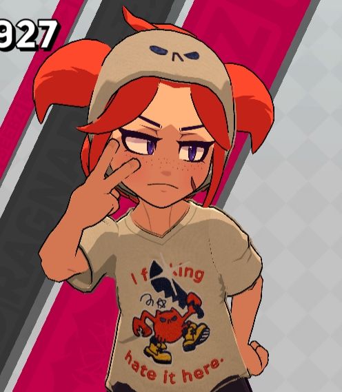 Beebz wearing a shirt that says "I f*king hate it here." designed by Aggro Crab.