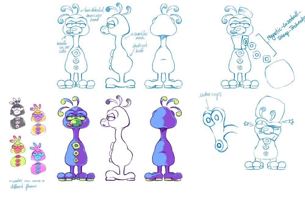 Concept art of the Woolies from Bubsy 4D by Sabaku. Showcases a turn around, color variants and their prisoner clothings.