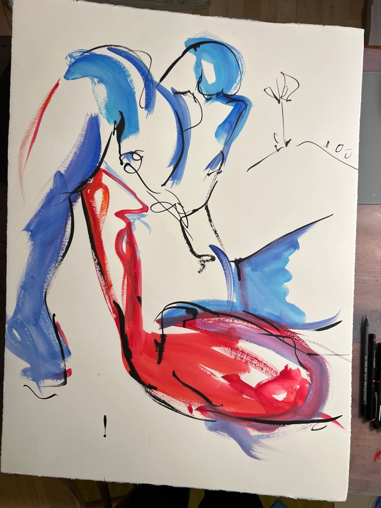 Seated nude male life model in blue and red acrylic paint 