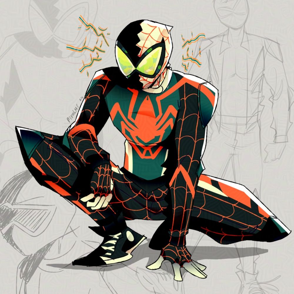 Illustration of a spiderman/spiderverse fan character squatting with uncoloured doodles in the background. Suit is white, orange, dark green themed with a ogre face spider/net casting spider pattern on chest