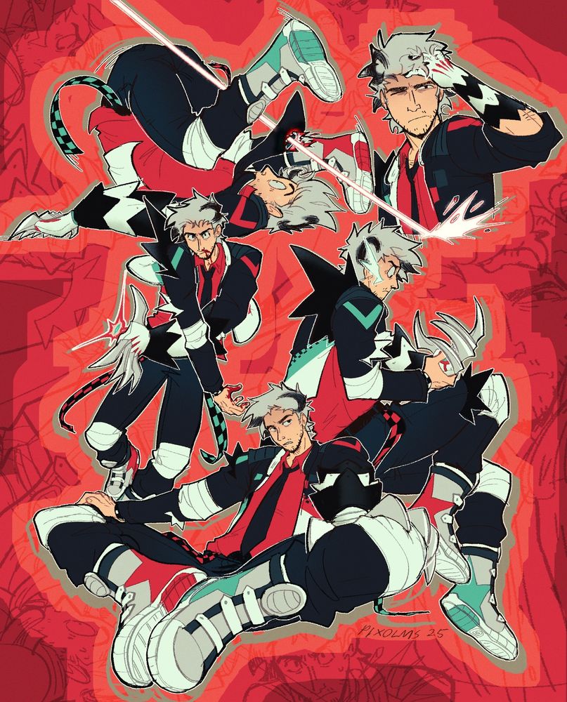 Poster? Style artwork featuring a human oc. One arm is a mech/covered with black and white zigzag patterns and he has a crescent shape in his hair. There are four fullbodies and a bust in various poses, some in action, some more chill.