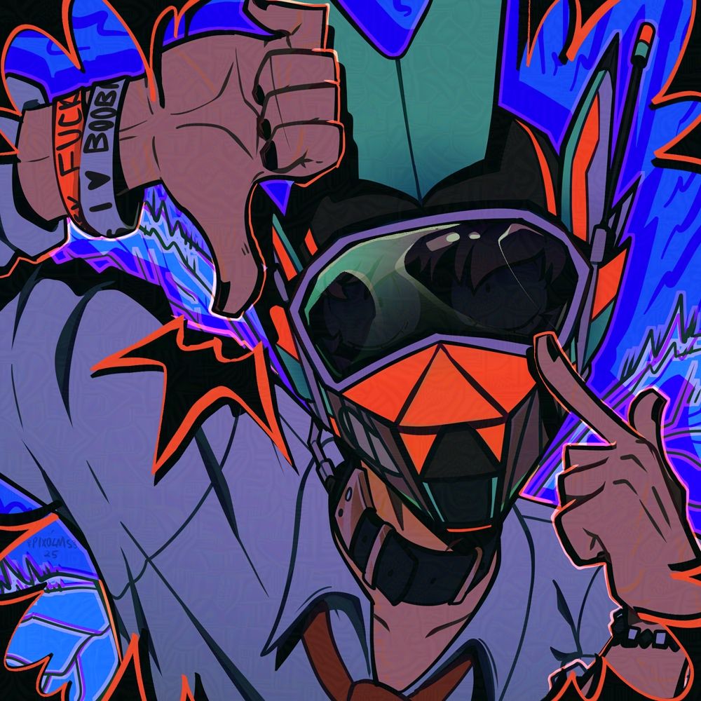 Commission for deus of an oc with an intricate mask. One hand is doing a thumbs down pose and the other is mimicking pulling the eye skin down