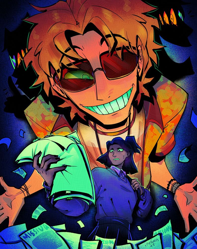 OCs belong to luchsyy on Artfight.
Poster style art with a large character wearing shaded being the larger figure,with two shadowed versions behind him. And a worried smaller character holding missing posters under him.