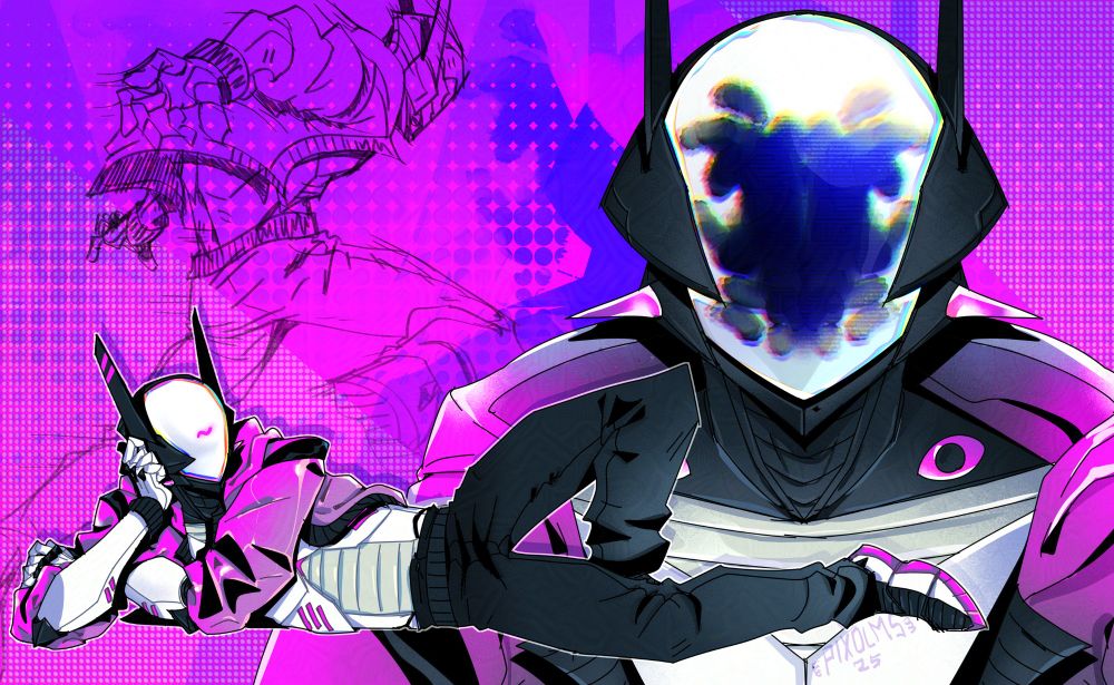 Compilation of semi rendered sketches of a humanoid robot oc (Rawshac). A bust facing the audience displaying a chromatic abberated Rorschach pattern, a fullbody lying down propped up on one elbow, and an uncoloured sketch in the bg of a mid-jump action pose. Random chromatic abberated and half tone patterns in bg.