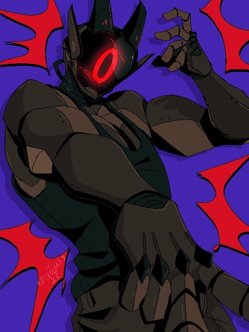 Artwork of super cool robot guy named circuit the robot. Pose holding one arm up and straining hand and the other coming toward the camera with downward peace sign