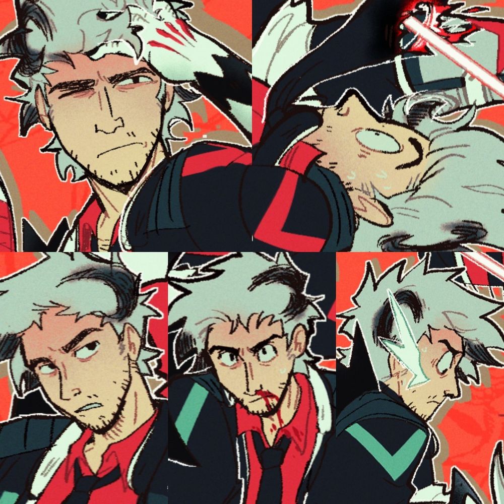 Collage of drawings of the same character. All close ups on the face.