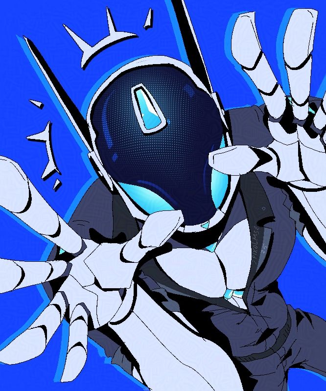 Blue toned artwork of robot character belonging to @jvosera1, exaggerated perspective shows hands coming toward camera with rest of the body behind.
