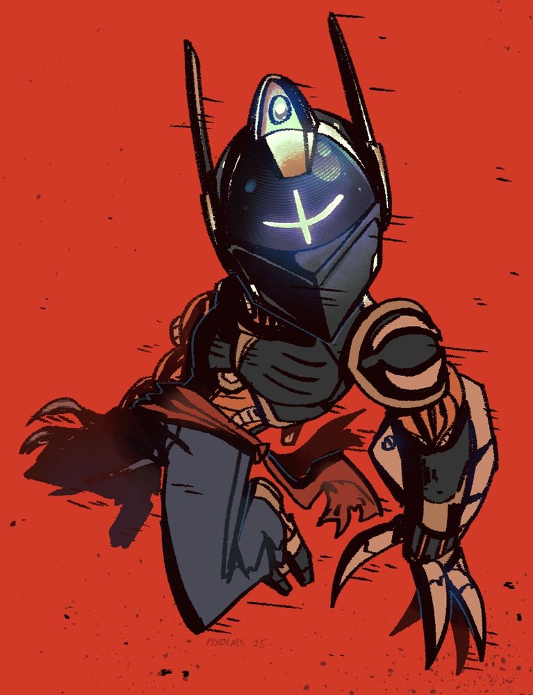 Robot/cyborg character floating/leaning back holding mecha arm out, looking directly at camera with a + displayed on the screen face.