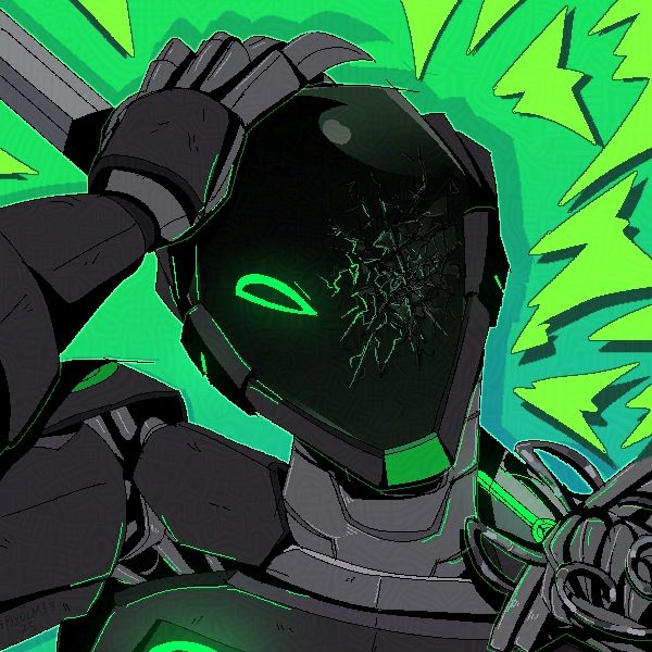 Pixely art of a robot oc with cracked visor that belongs to @databuffer. One hand is resting on top of head, the other is holding a sword and leaning it on the shoulder.