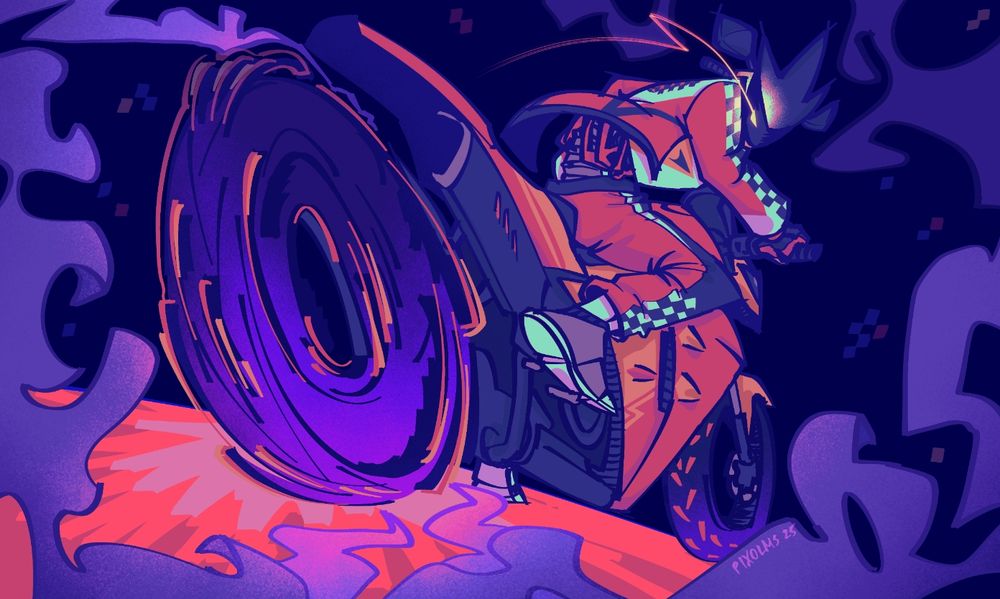 Illustration of a motorbike themed robot doing a burnout on a motorbike. The back wheel has speed lines and is closest to the camera. Smoke frames the piece.