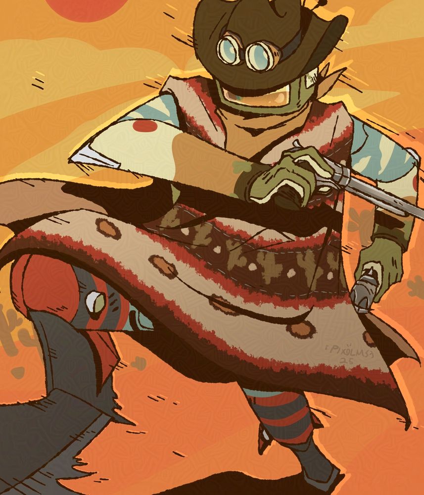 Artwork of @galaxystreak's TV head robot character with a western theme/outfit. Kicking leg toward the camera and holding revolvers in both hands. Poncho is waving up and motion lines are around the character.