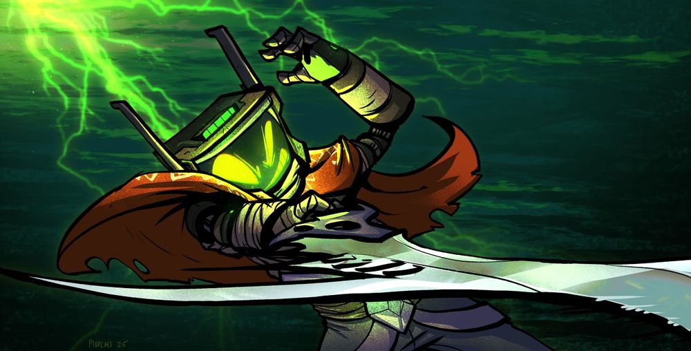 OC belongs to LordYamses15 on Artfight.
Monitor head robot who is angry and swinging a large sword at camera