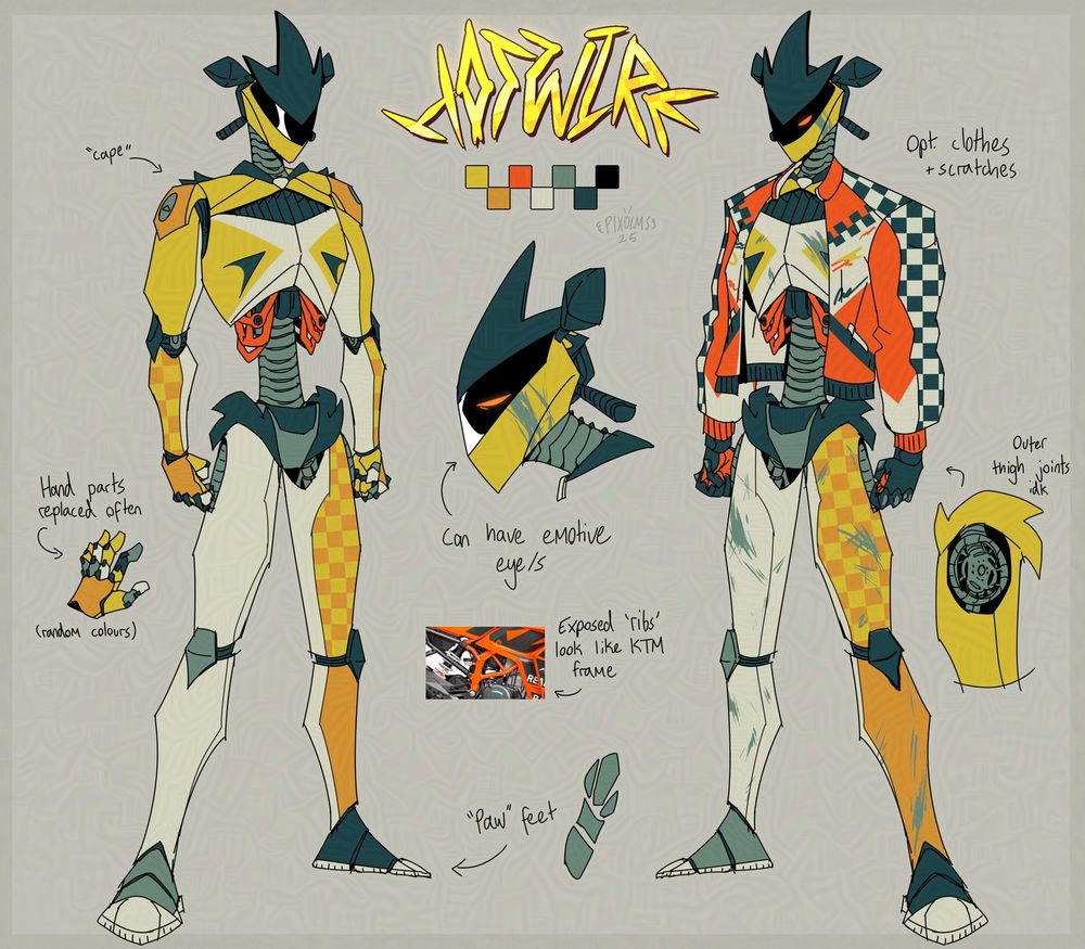 An character reference sheet of Hotwire (racer and yellow themed humanoid robot oc)
