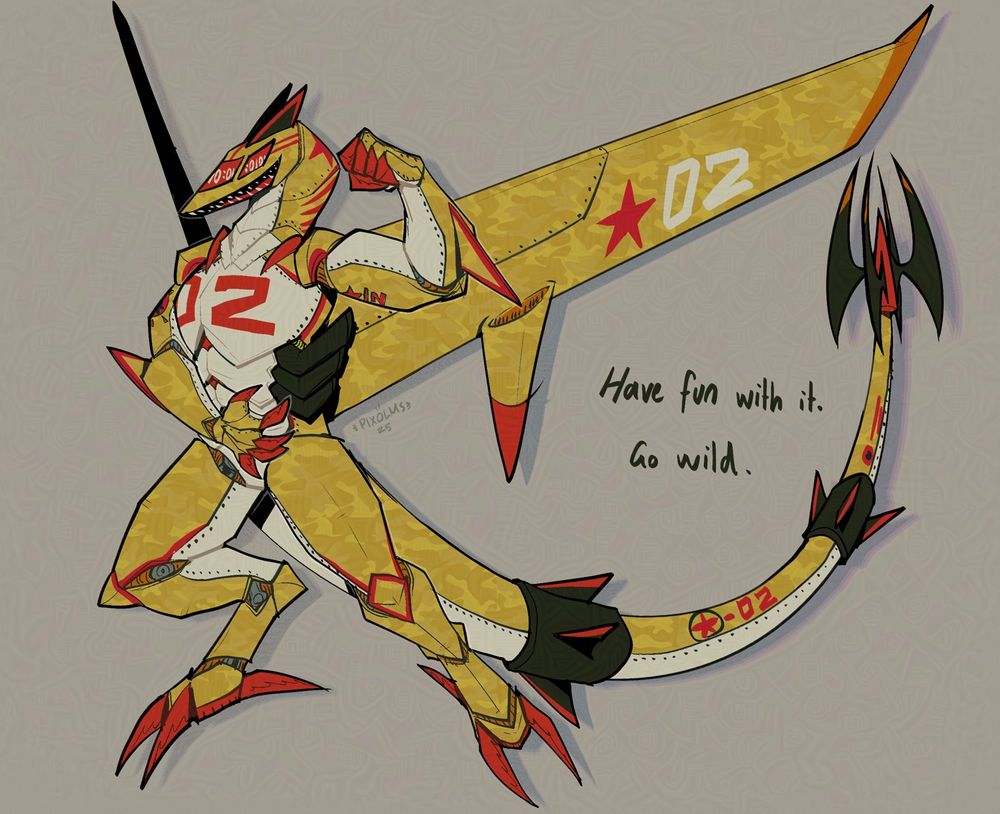 An animalistic, and yellow camo, take on my oc Warhawk (war plane themed robot). It is flexing one arm and touching the exhaust pipes on one side with the other hand. Has the signature shark mouth decal and is displaying a countdown (?) On screen face.