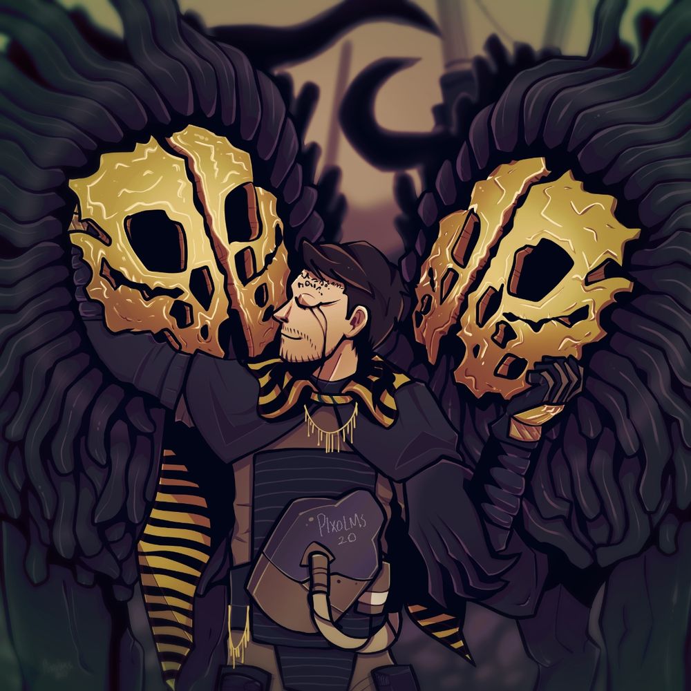 Artwork of Higgs from the game Death Stranding cuddling two BT lions. One has its paw looped over his arm.