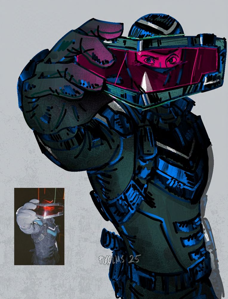 Redraw of the photo in the bottom left of the actor playing Vigilante in Peacemkaer holding the red visor up to cover his face.