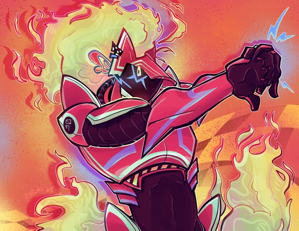 OC belongs to gaylord on Artfight.
Racer themed robot with fire hair and tail leaning back and cracking knuckles