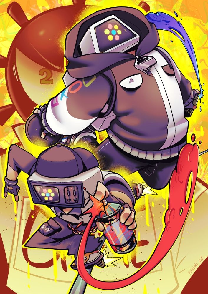 OCs belong to GalaxyStreak on Artfight. Monitor headed characters, one on a skateboard the other on roller blades, coming toward the camera spraying graffiti cans. Another underwater mine headed character is faintly in the bg.