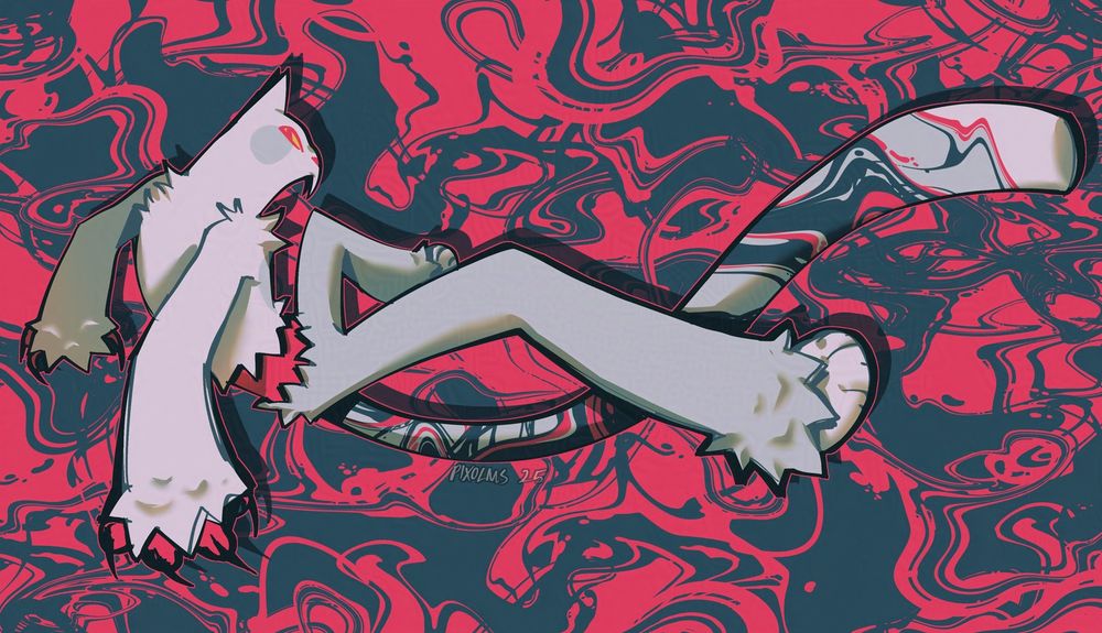 Same art as the original post. Colours are more muted and the character has shading and coloured lineart. The background is covered in turbulent displace patterns.