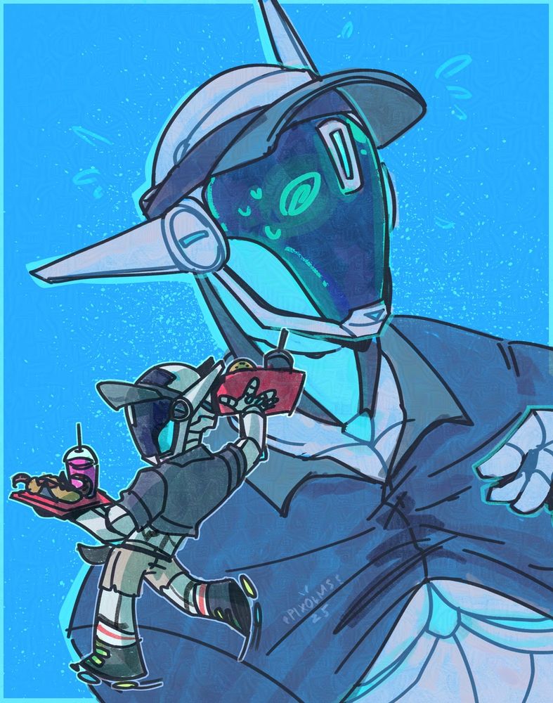 Artwork with marker texture-like colouring of a humanoid robot character belonging to @jvosera1. The bust in the bc is nervous and swirly eyed and the chibi in front is balancing a tray of take out food while roller skating.