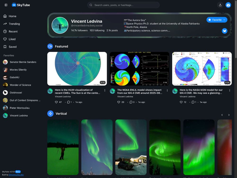 SkyTube profile page showing user banner, stats, featured videos, and vertical video grid.