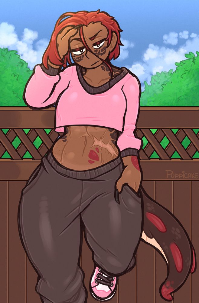 Ena standing against a balcony with one leg raised, her foot propped up against it. She's wearing a pink crop top hoodie and grey sweatpants, with her tail visible behind her. She's got abs and a scar across them, with bits of scales here and there. She's pushing her long bangs of her half cut back, looking at the viewer with a raised brow