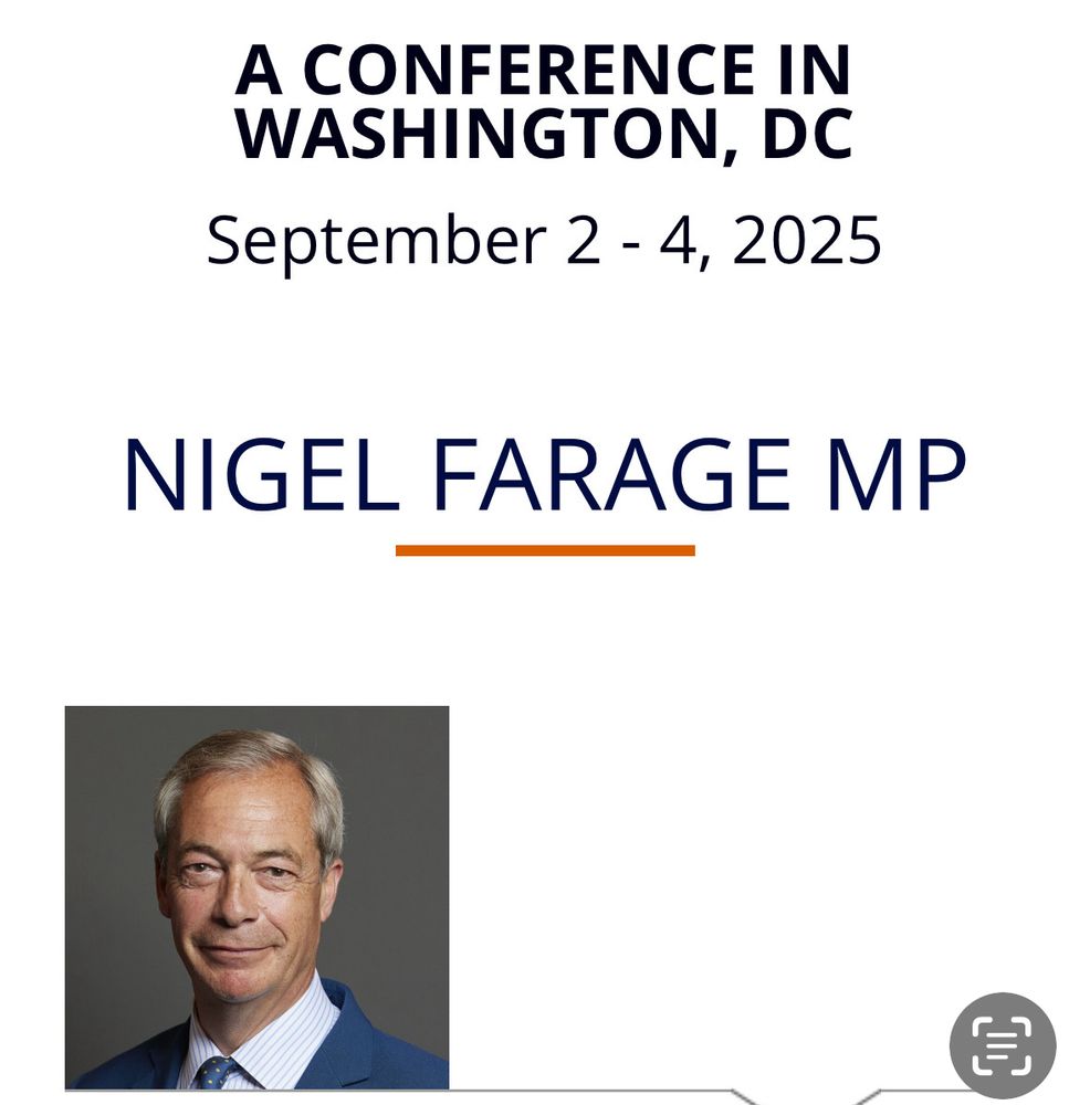 A picture of Nigel Farage’s and a poster announcing a speaking event for him in America In early Sept 