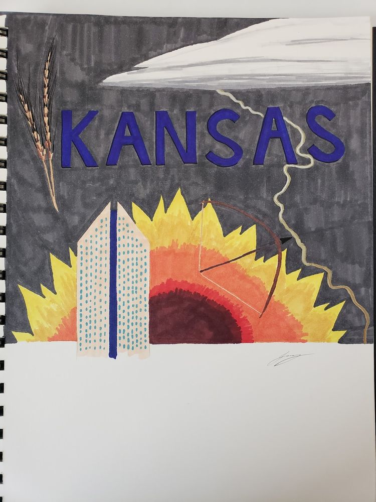 A marker drawing of Kansas depicting the sunrise as a sunflower, lightning bolt in the shape of the Missouri river boarder of Kansas, a bow and arrow, epic center, two stocks of wheat, and a grey cloud above the horizon.