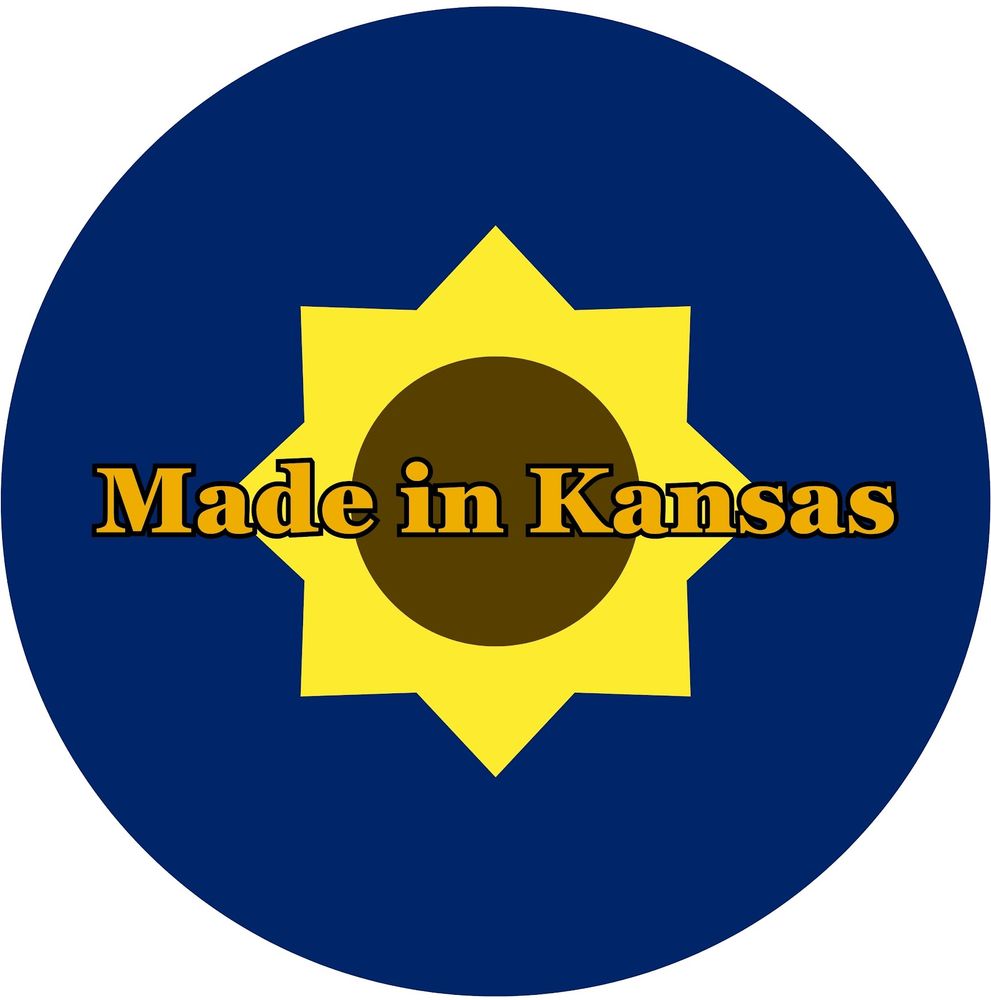 "Made in Kansas" label with a minimalist sunflower background
