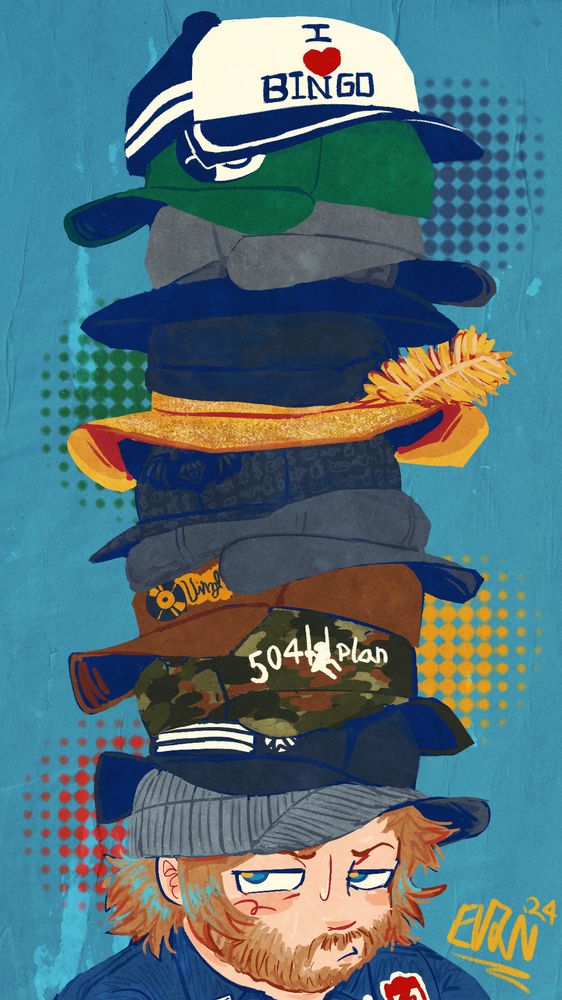 a digital drawing of patrick stump from fall out boy wearing a stack of many hats. from bottom to top: a grey knitted beanie with a cap, a black baseball cap with white lines on the front, a camouflage design baseball cap with "504 plan" written on the front, a brown cap with a vinyl disc and "vinyl nerd" written on the front, a grey newsboy cap, a flat brim cap with a bat heart kind of emblem with a diamond inside of it on front and an all over design, a yellow glittery top hat with a yellow feather, a black beanie, a black fedora with a grey band in the middle, a grey cap, a green cap with a symbol of a smile and a frown combined on front, and a black and white baseball cap with "i heart bingo" on the front. patrick seems fed up with all those hats.