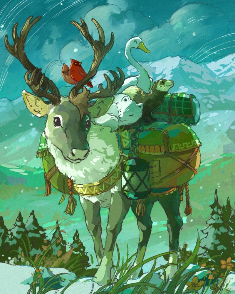 A reindeer hiking through the snow.  He is carrying bags on his back, along with a goose, a ferret, a fox and two cardinals.  They are all looking at something out of frame, except for the fox who is sleeping and one of the birds who looks directly at the viewer.  Mountains can be seen in the distance.