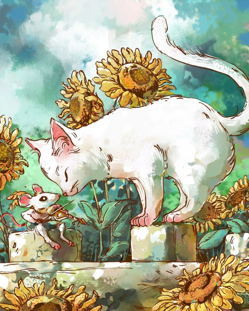 Digital illustration of a white cat staring at a mouse.  The mouse is holding a fiddle and has a worried expression.  They are standing on a fence.  The scene is surrounded with sunflowers. 